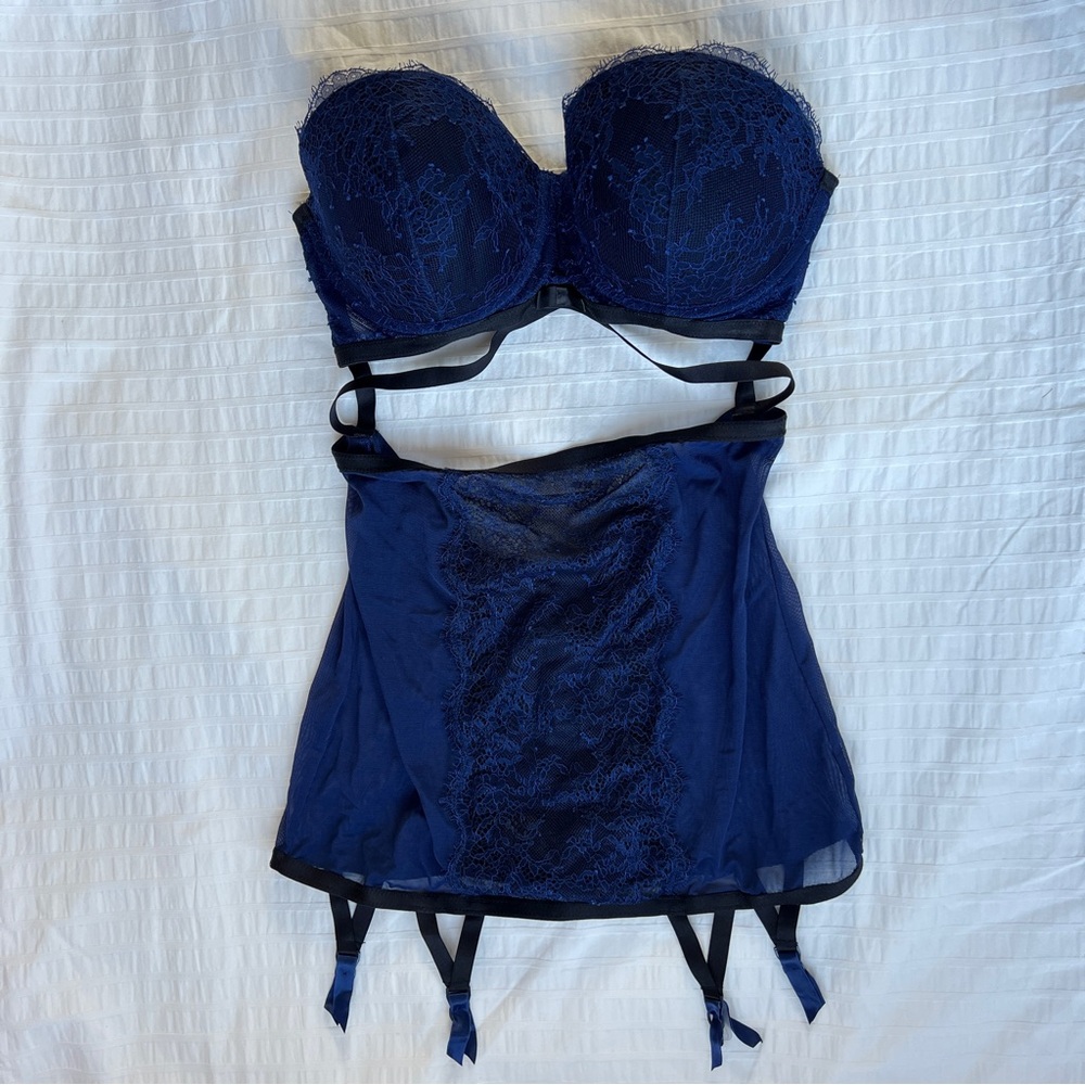 Victoria’s Secret Sheer Blue Lace Merry Widow Bustier w/ Cut Outs + Garters, 34D